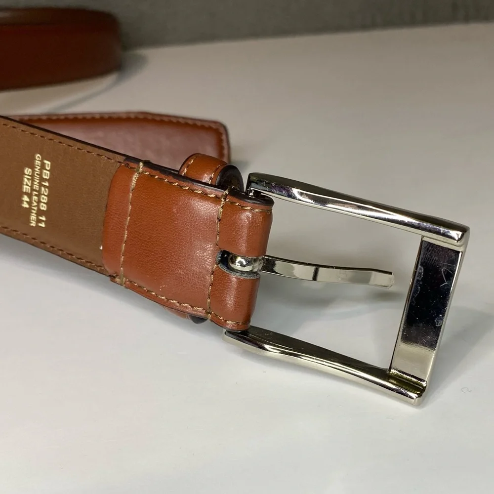 Men’s Size 44 Brown Genuine Leather Belt Silver Tone Buckle PB1288 11